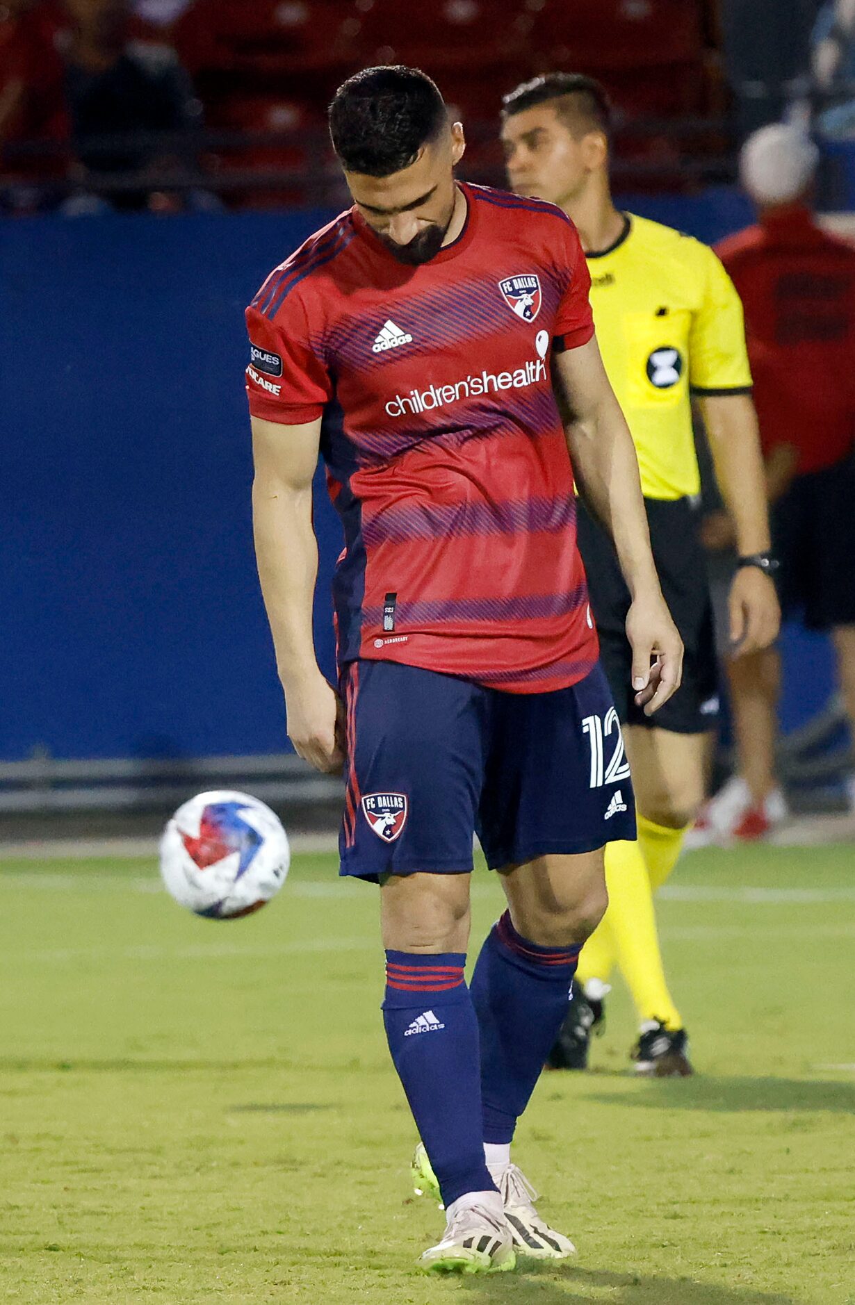 FC Dallas midfielder Sebastian Lletget (12) reacts after missing a penalty kick in a Leagues...