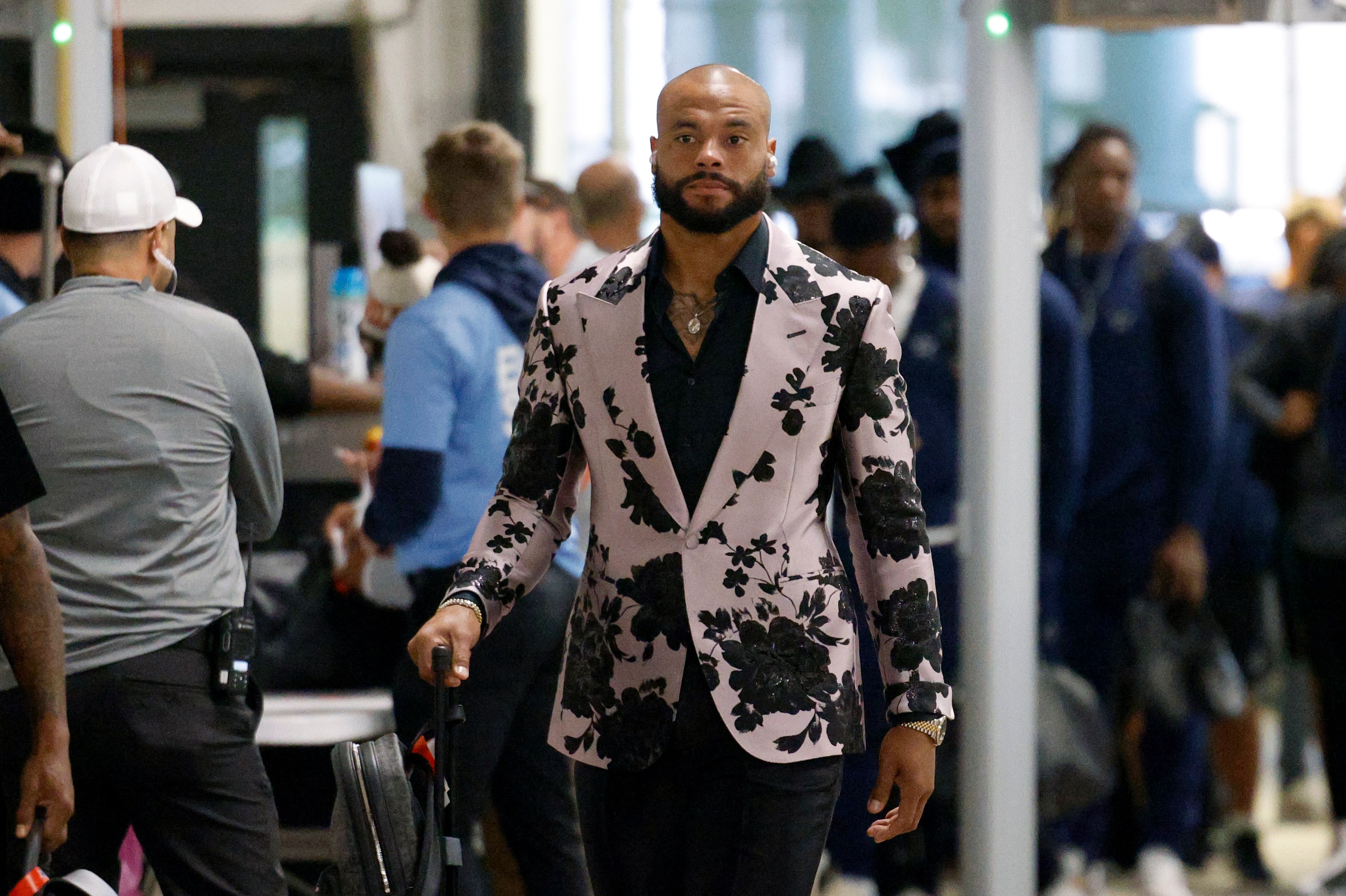 Dallas Cowboys quarterback Dak Prescott arrives at Huntington Bank Field before an NFL game...