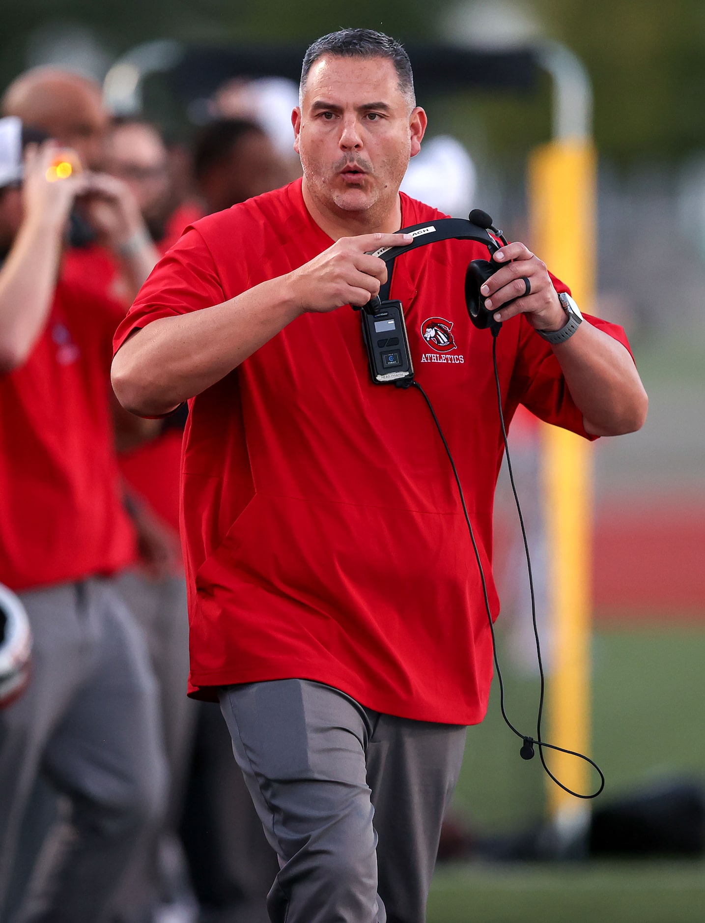 Creekview head coach Dusty Ortiz gets ready to face W.T. White in a District 6-5A Division I...