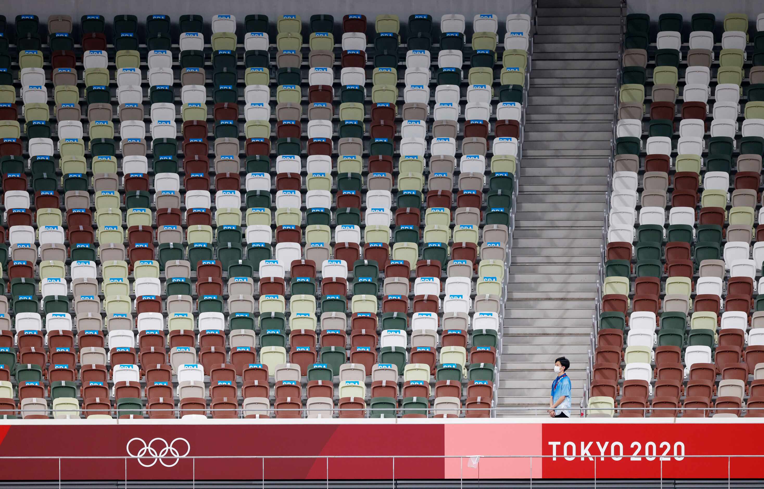 Empty seats in a spectator less track & field event during the postponed 2020 Tokyo Olympics...