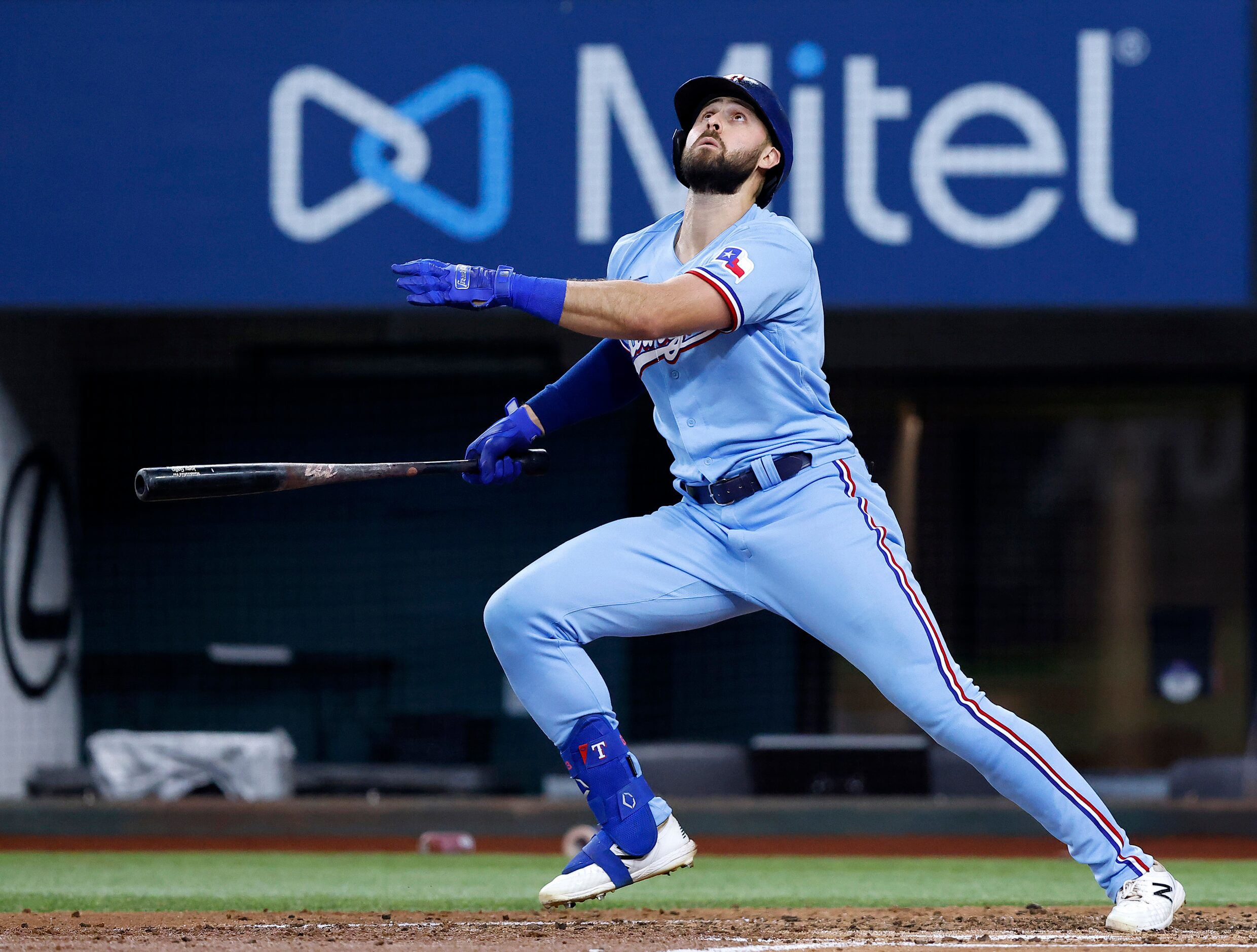 Texas Rangers center fielder Joey Gallo (13) turns to first after realizing his foul ball is...