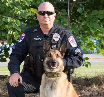 The Baytown police K-9 that was stabbed in the face Monday pictured with his handler.