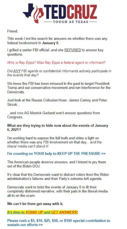 Campaign email from Ted Cruz for Senate, sent Jan. 30, 2022, pushing the conspiracy theory...