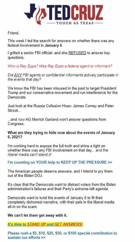 Campaign email from Ted Cruz for Senate, sent Jan. 30, 2022, pushing the conspiracy theory...