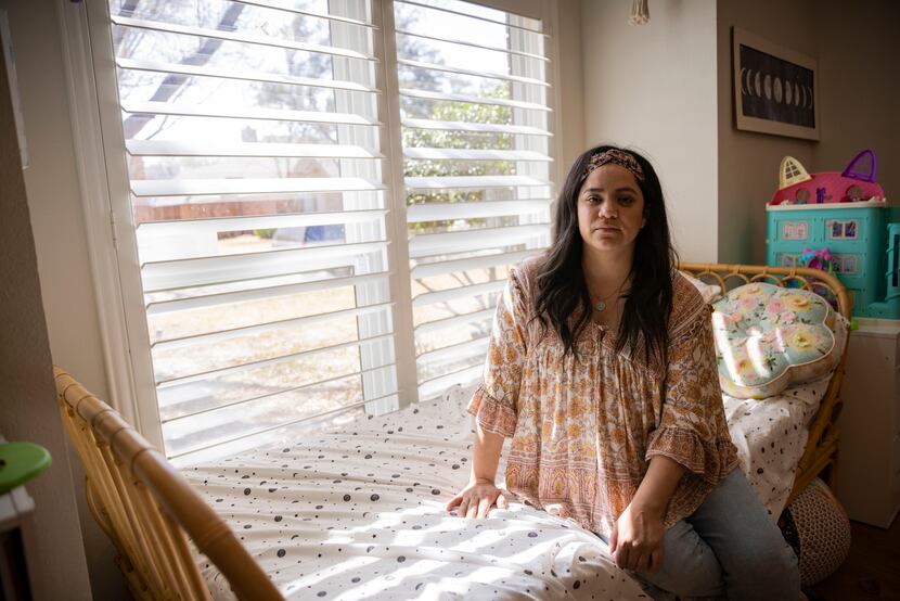 Zoey Sanchez poses in her 3-year-old daughter’s playroom where a stray bullet from a...