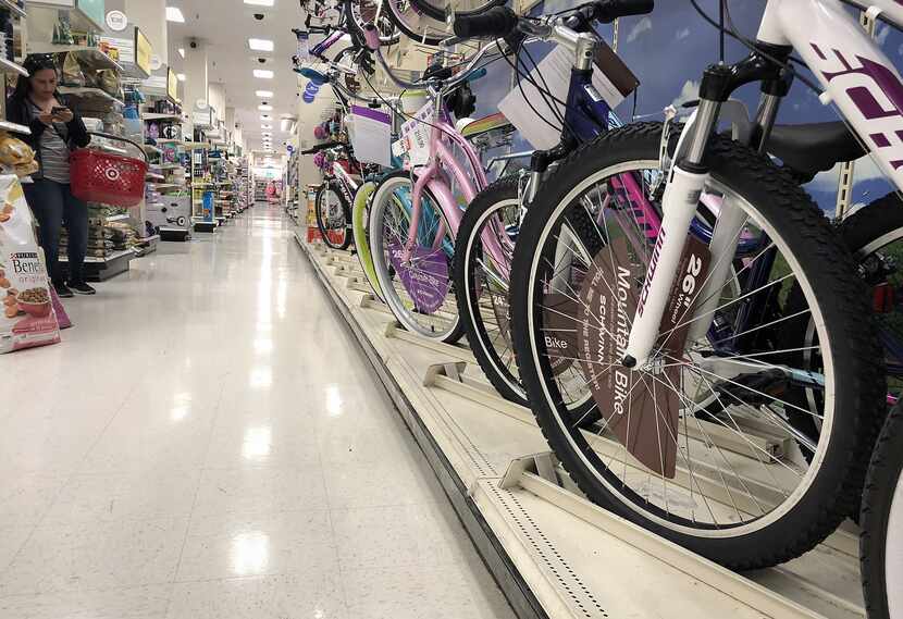 Bicycles produced in China are lined up for sale in a Target store on May 13, 2019 in Los...