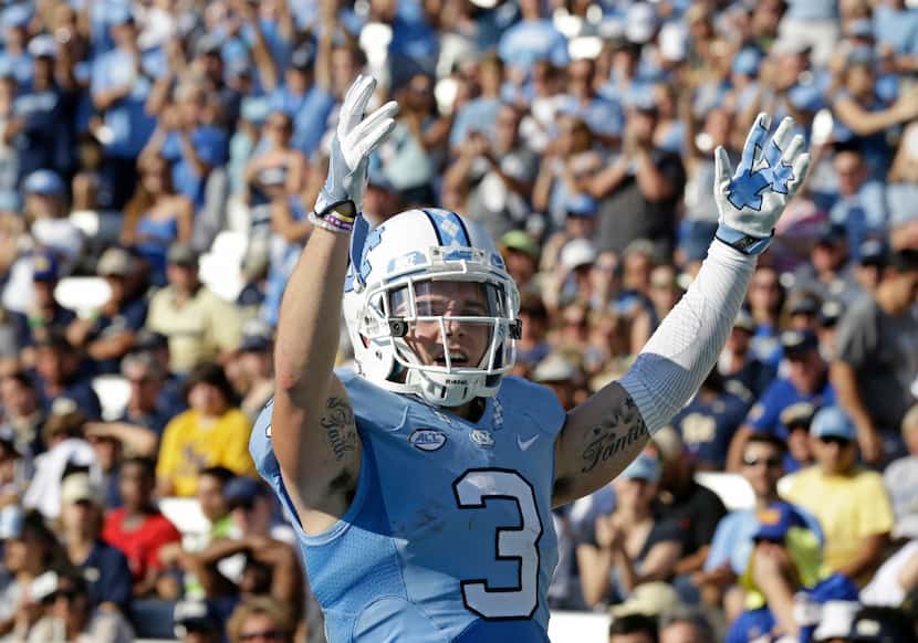 
North Carolina's Ryan Switzer (3) celebrates his touchdown against Pittsburgh during the...