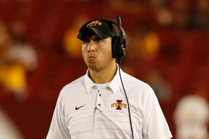 AMES, IA - SEPTEMBER 2: Head coach Matt Campbell of the Iowa State Cyclones looks to the...
