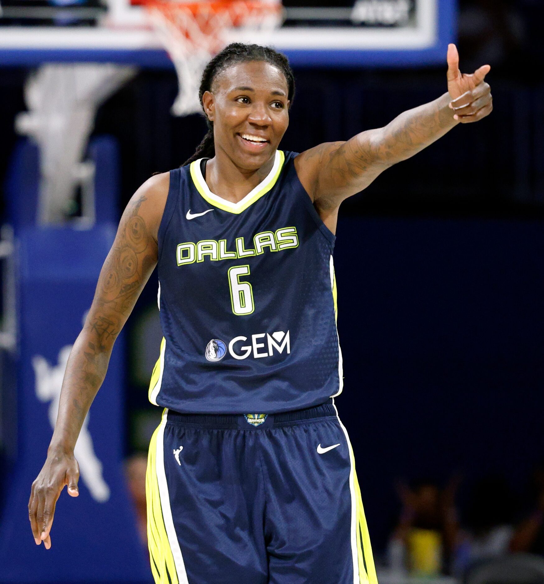 Dallas Wings forward Natasha Howard (6) celebrates a three-point shot during the second half...