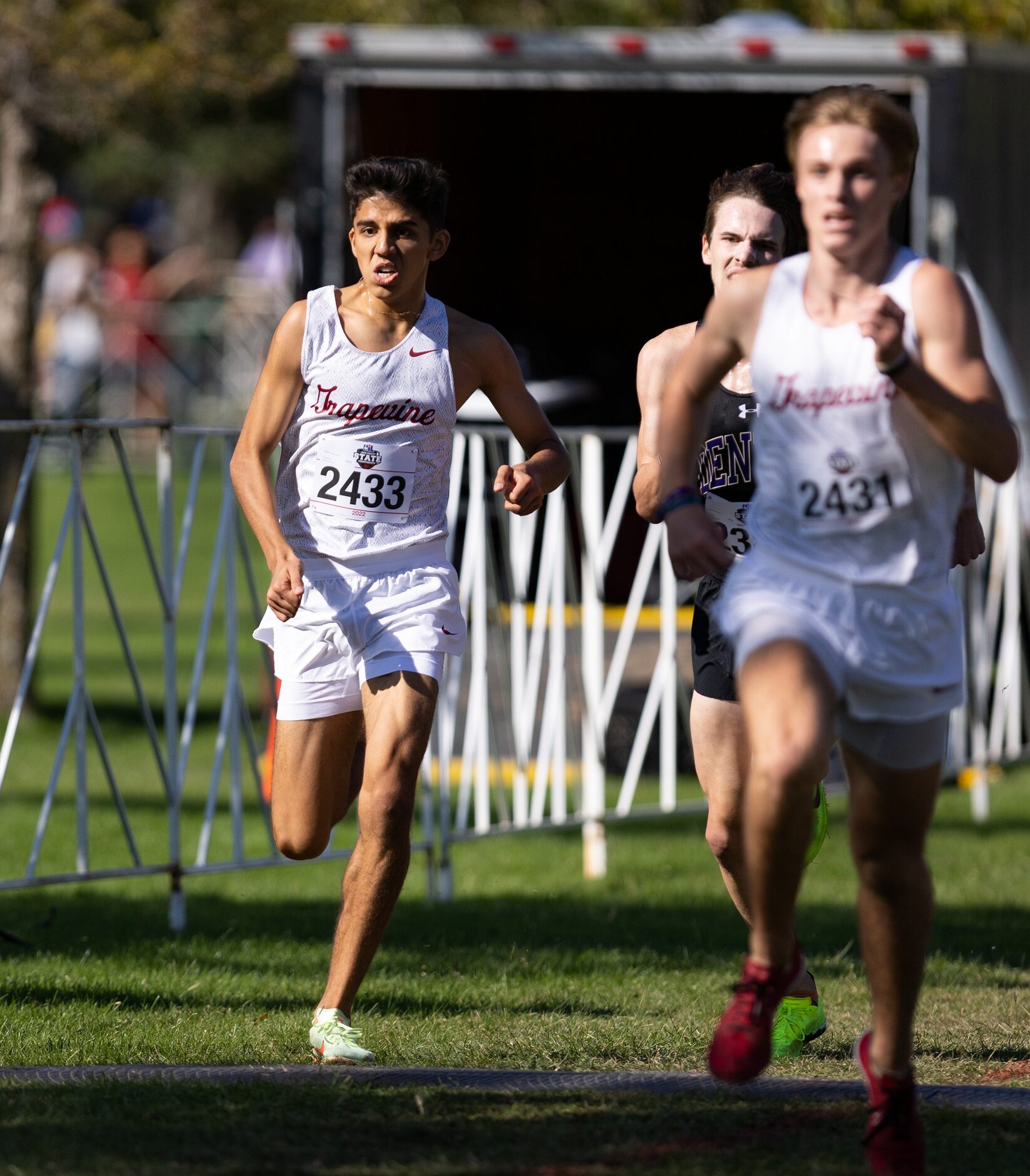 Alberto Rayon of the Grapevine Mustangs runs toward the finish in the 5A boys’ 5k race...