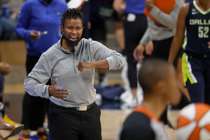Dallas Wings head coach Vickie Johnson argues a call as they played the Connecticut Sun...