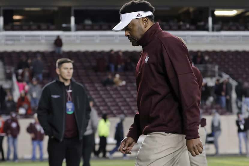 COLLEGE STATION, TX - OCTOBER 28:  Head coach Kevin Sumlin of the Texas A&M Aggies walks off...