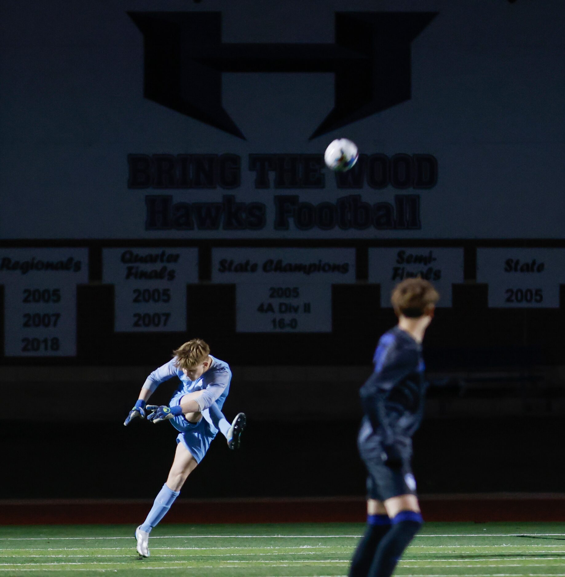 Hebron goalkeeper Evan Mayhaw (1) takes a goal kick for the team during a game against...