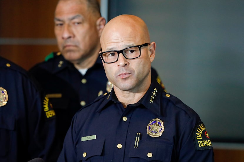 Dallas Police Chief Eddie Garcia listens to a question during a press conference at Dallas...