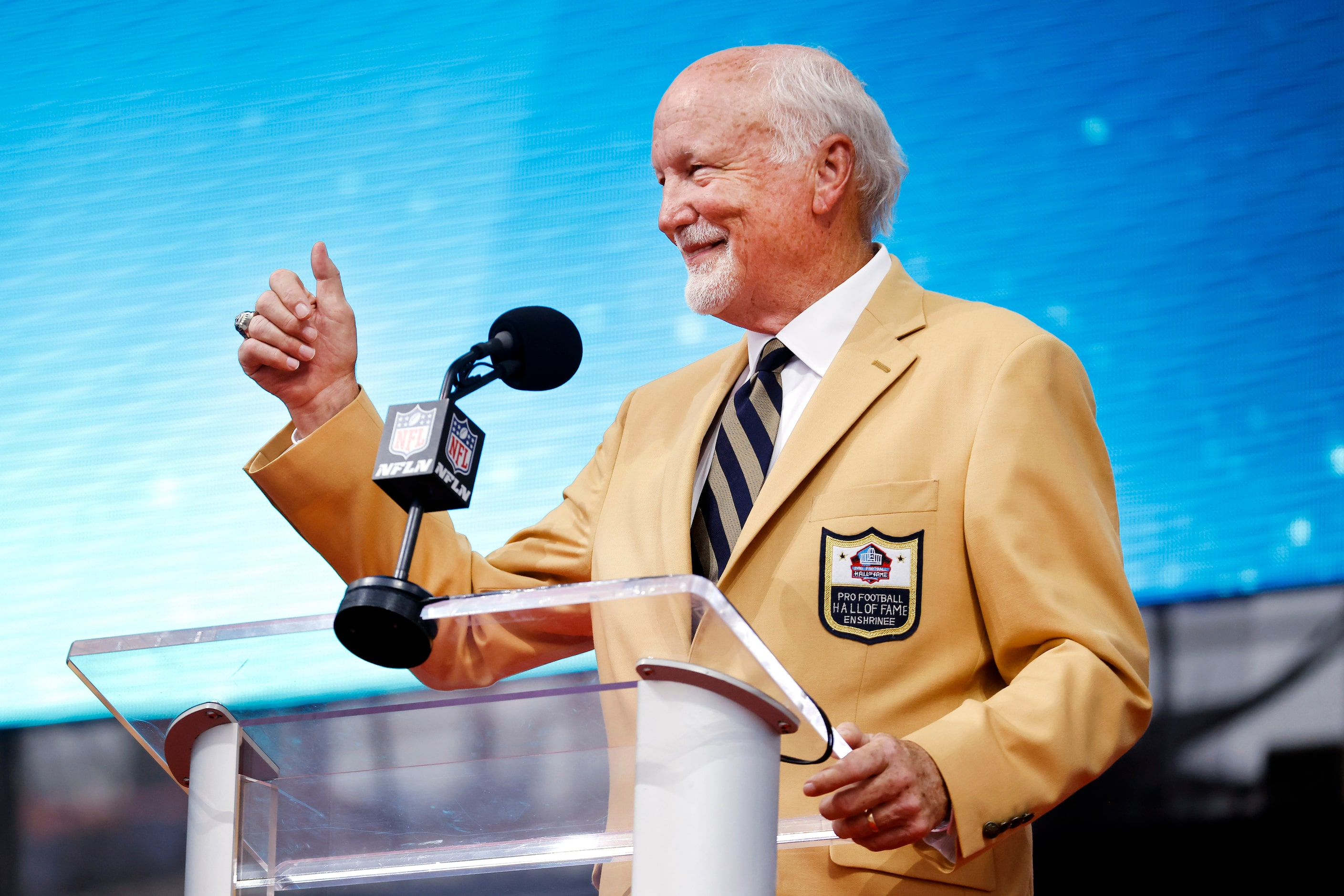 Pro Football Hall of Fame inductee Cliff Harris of the Dallas Cowboys delivers his speech...