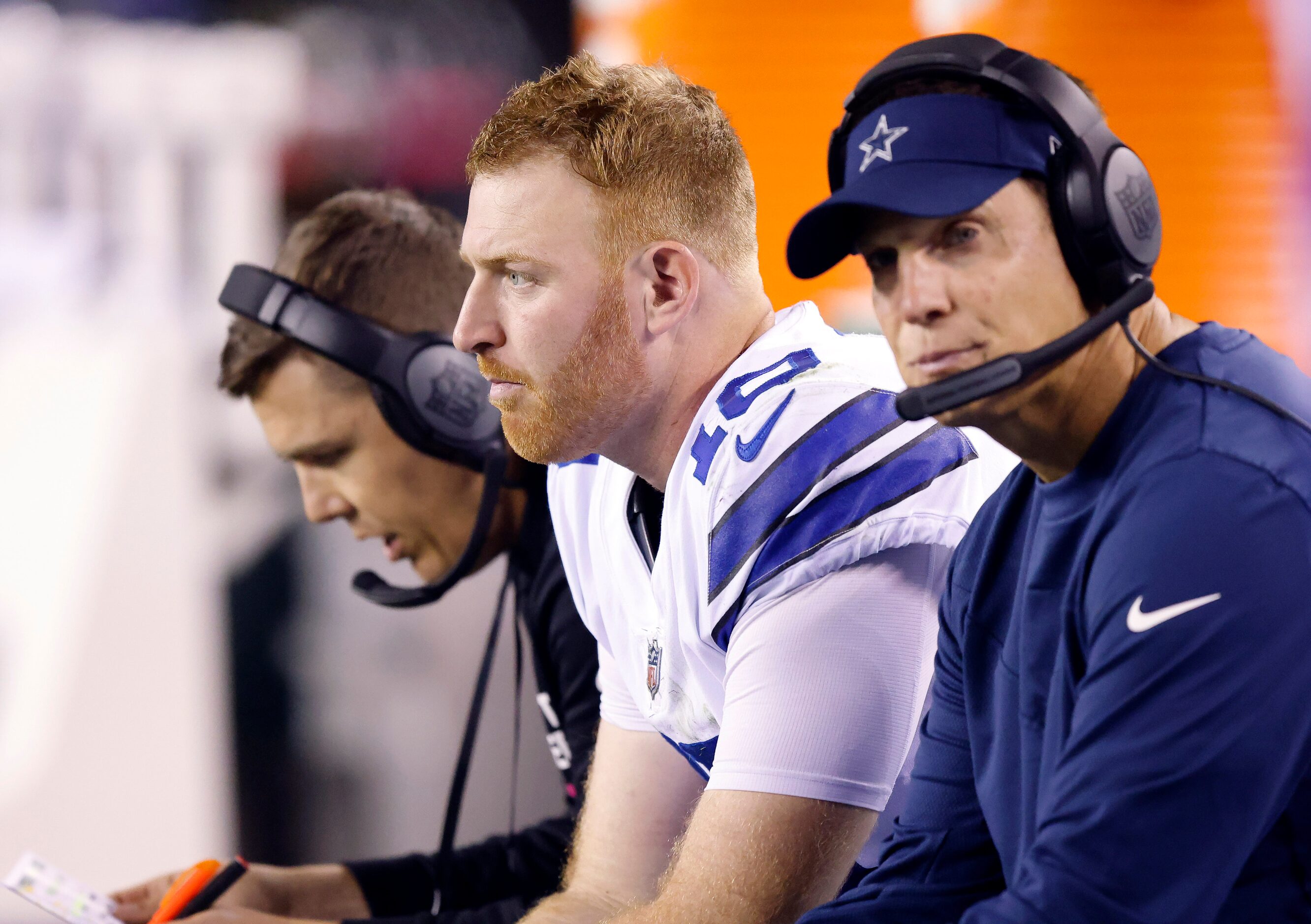 Dallas Cowboys quarterback Cooper Rush (10) and quarterbacks coach Doug Nussmeier (right)...