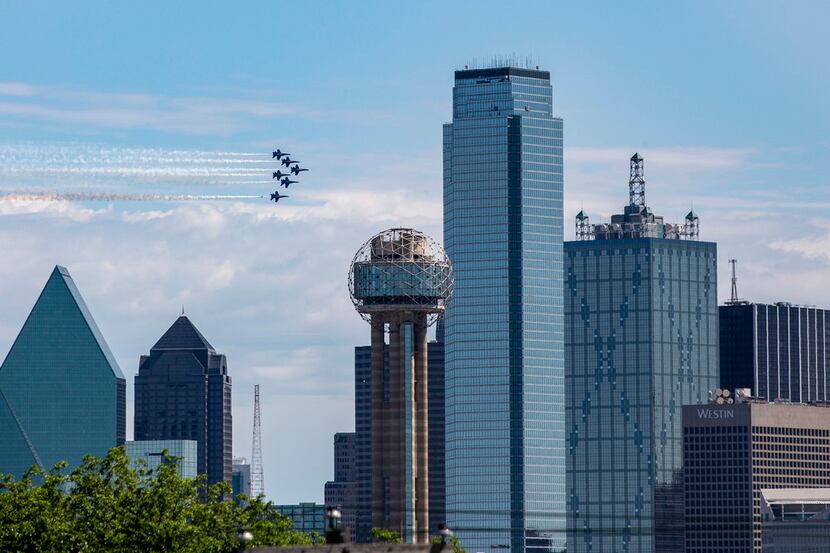 The U.S. Navy Blue Angels perform a flyover in Dallas on May 6, 2020.