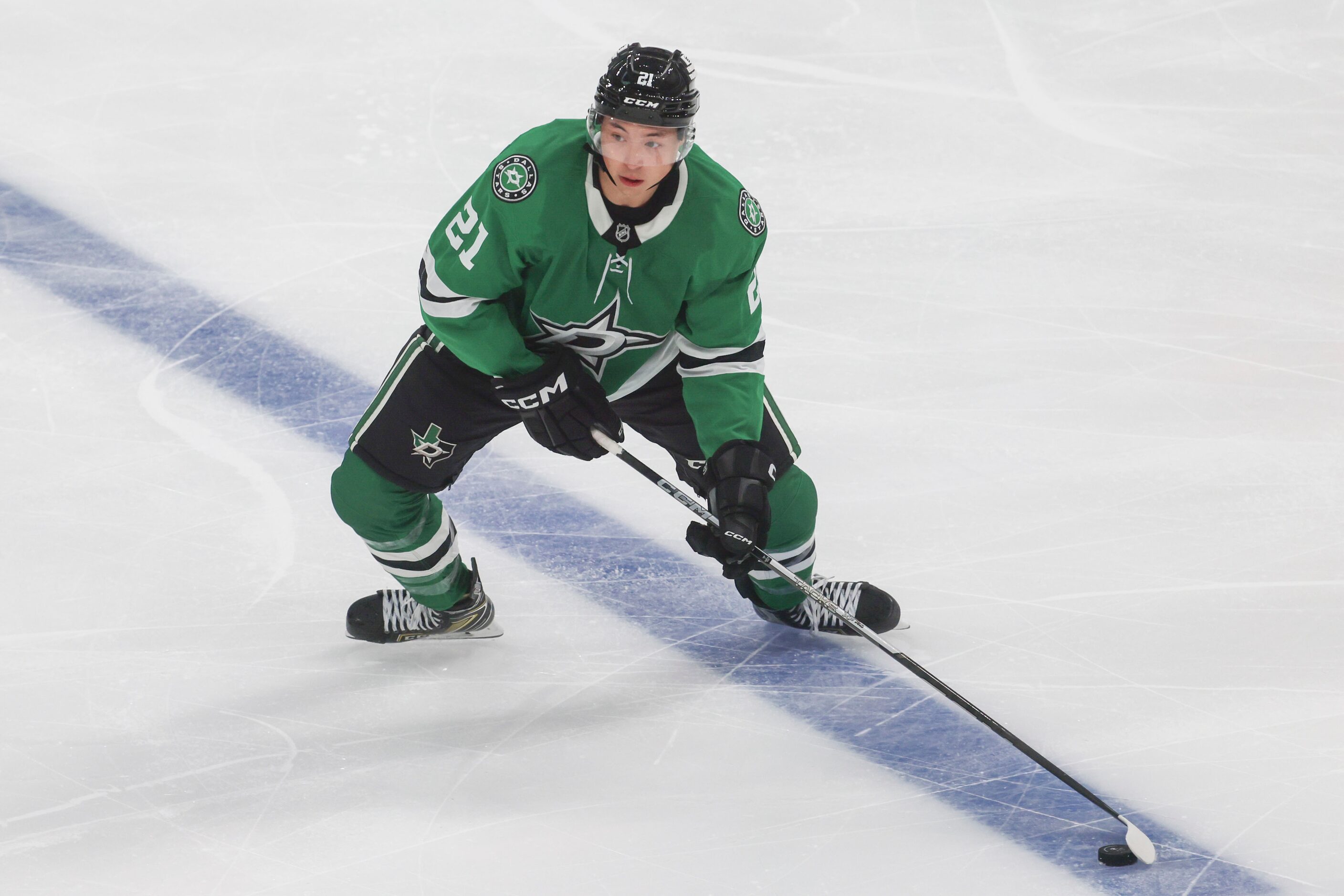 Dallas Stars left wing Jason Robertson goes down the rink during the third period of NHL...