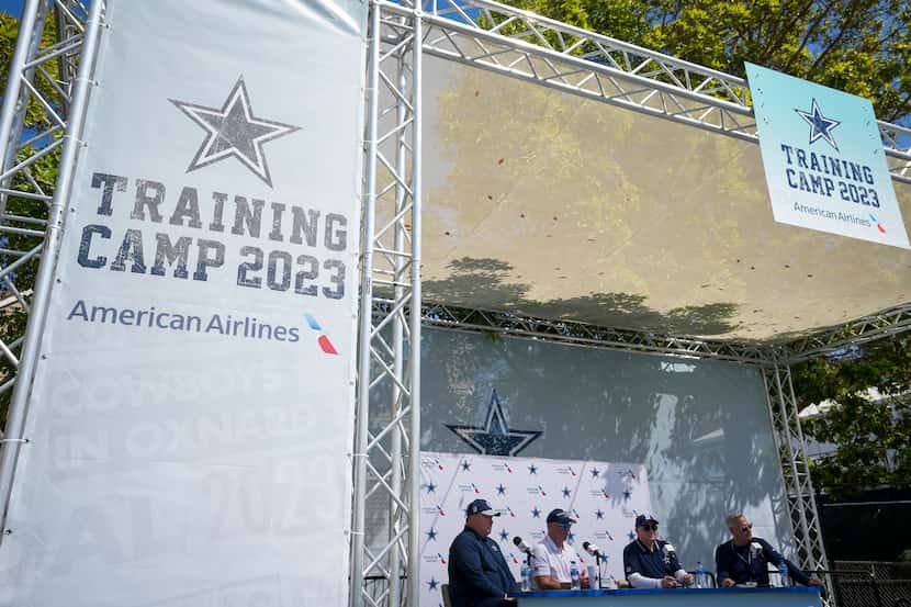 From left, Dallas Cowboys head coach Mike McCarthy, executive vice president Stephen Jones,...