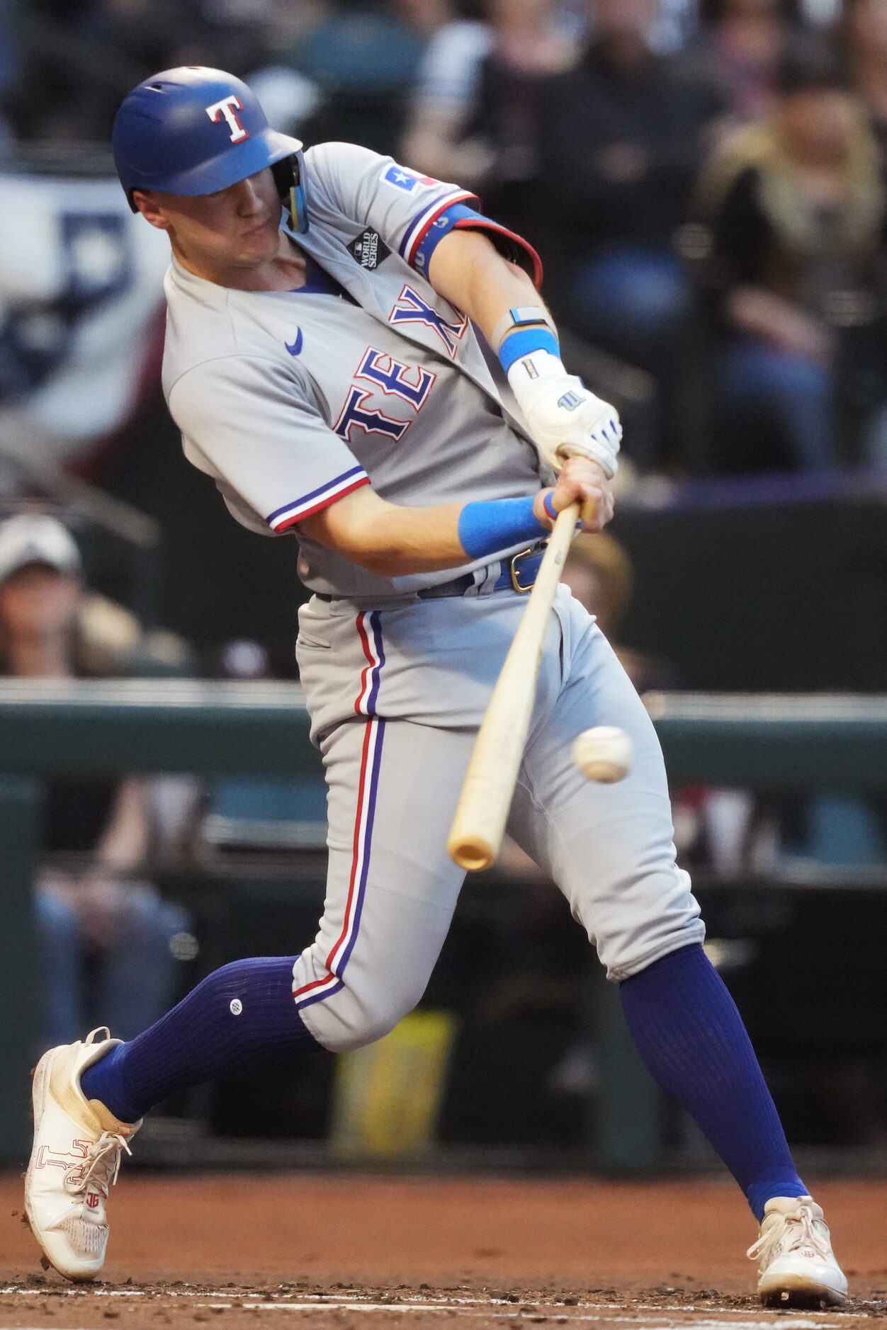 Texas Rangers’s Josh Jung connects for double during the second inning in Game 4 of the...