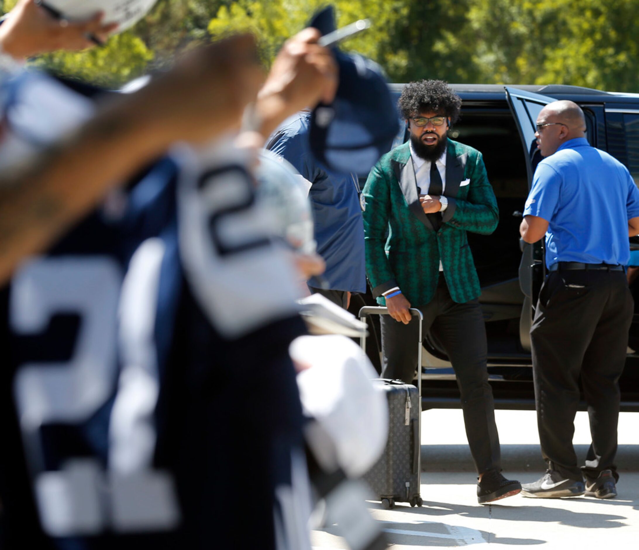 Dallas Cowboys running back Ezekiel Elliott arrives at AT&T Stadium in Arlington, Texas for...