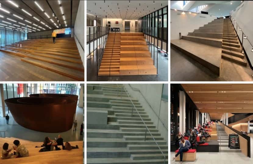 Bleacher stairs at (top row, from left) Pérez Art Museum Miami, Massachusetts Institute of...