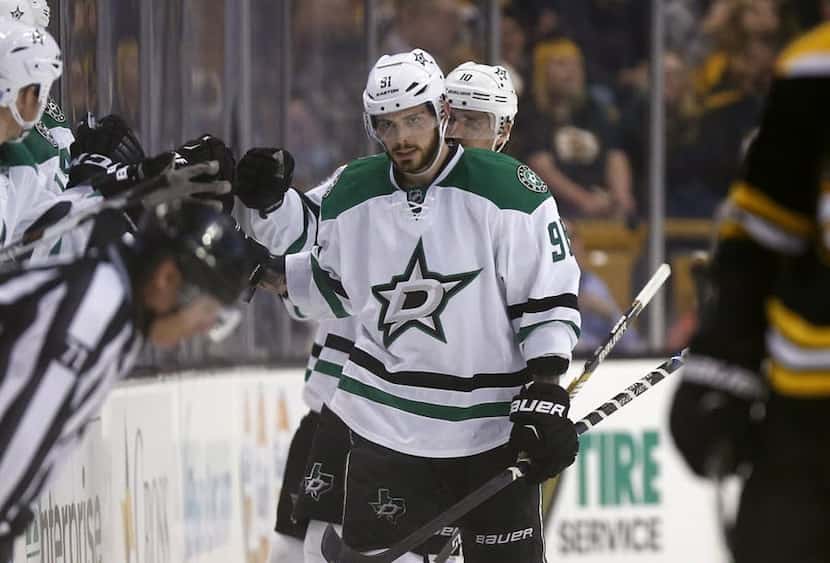 Dallas Stars' Tyler Seguin (91) celebrates his goal during the second period of an NHL...