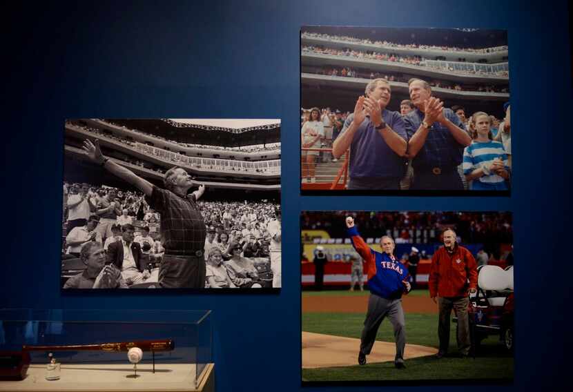 
Photographs of George H.W. Bush and George W. Bush attending baseball games together.
