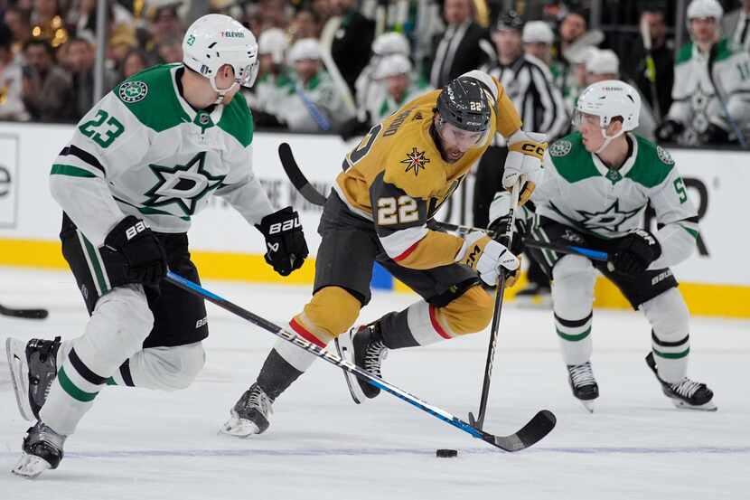 Vegas Golden Knights right wing Michael Amadio (22) skates up the ice against Dallas Stars...