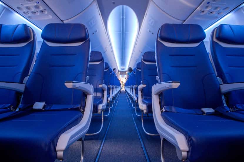 The cabin area of one of Southwest Airline's new Boeing 737 MAX jetliners is pictured at...