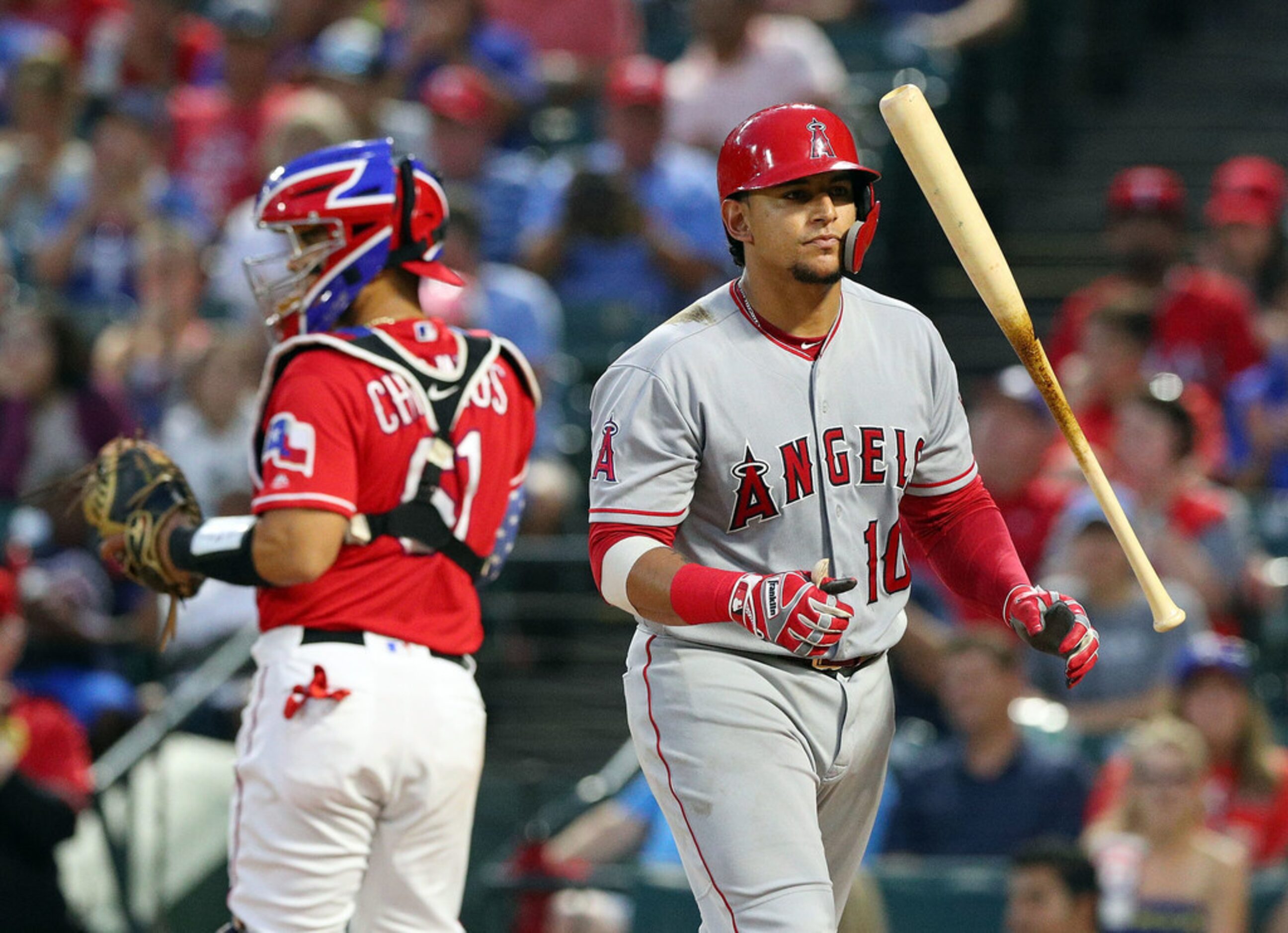 ARLINGTON, TX - SEPTEMBER 03:  Jose Briceno #10 of the Los Angeles Angels flips his bat...