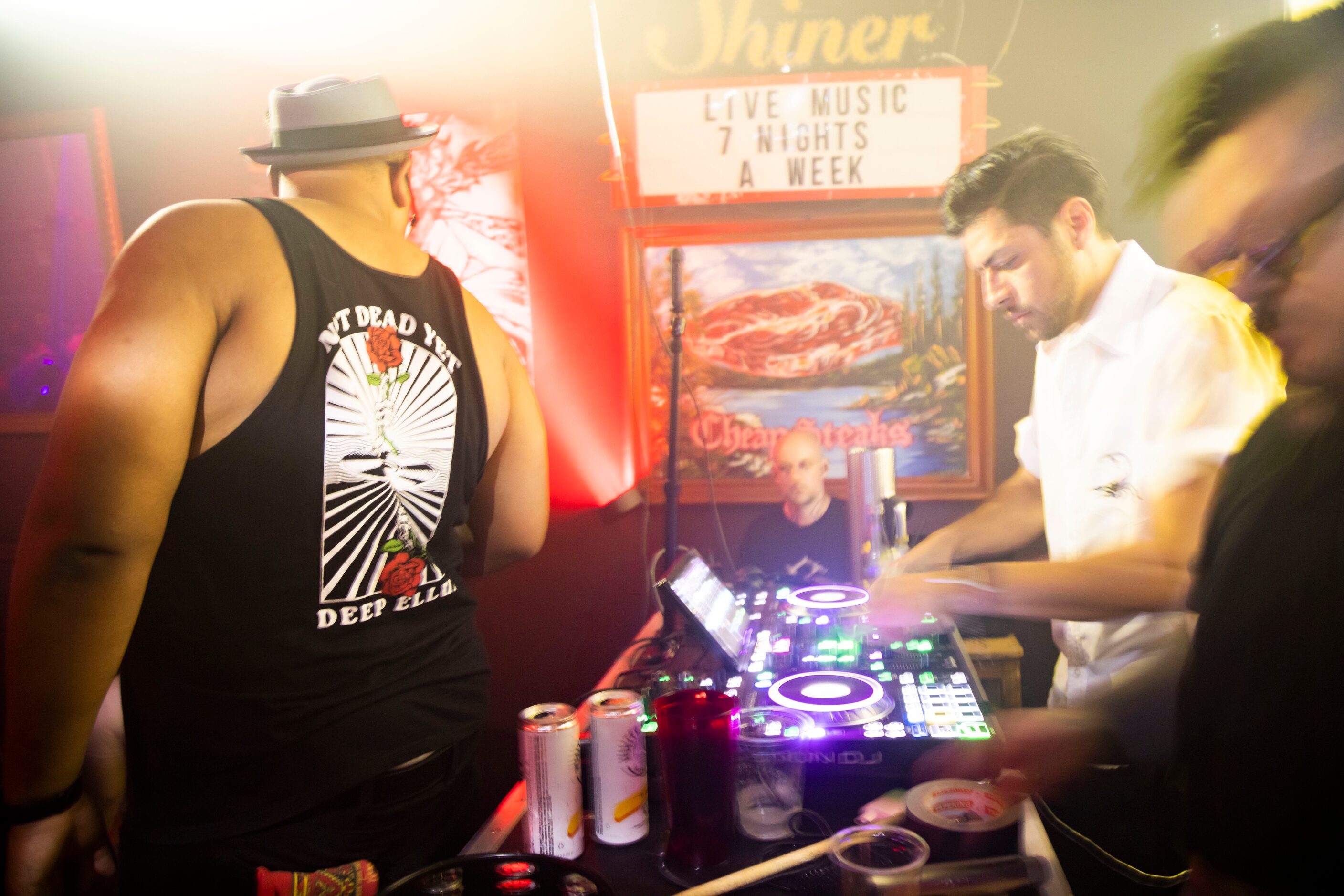 Max Sanchez DJs during the Cumbia Dance Party event hosted at Cheapsteaks in the Deep Ellum...