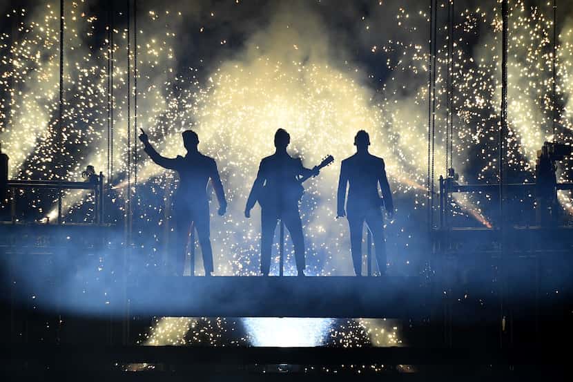 Nick Jonas, Kevin Jonas and Joe Jonas of the Jonas Brothers perform during a stop of the...