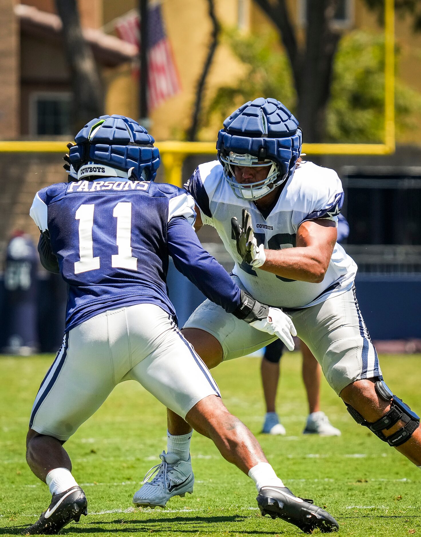 Dallas Cowboys offensive lineman Terence Steele (78) works against linebacker Micah Parsons...