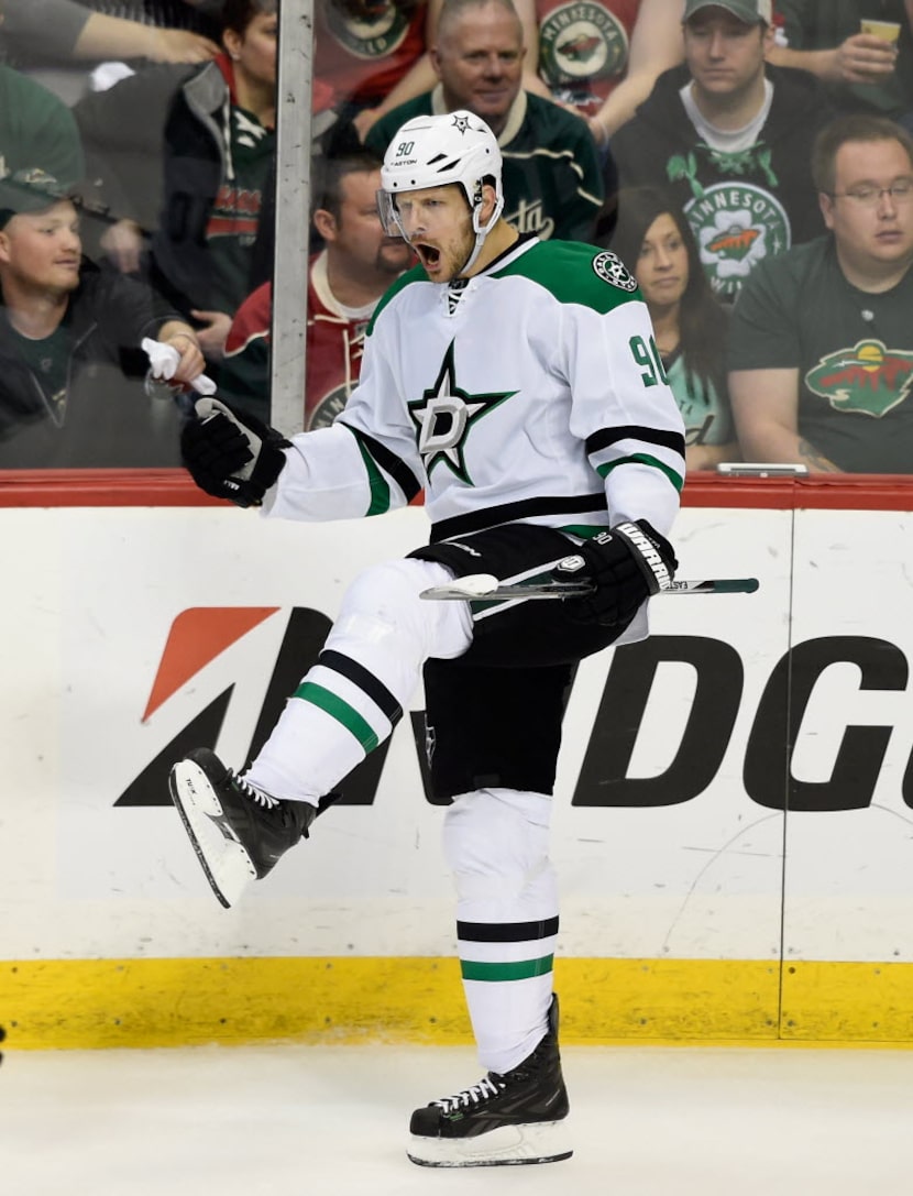 ST PAUL, MN - APRIL 24: Jason Spezza #90 of the Dallas Stars celebrates scoring a goal...