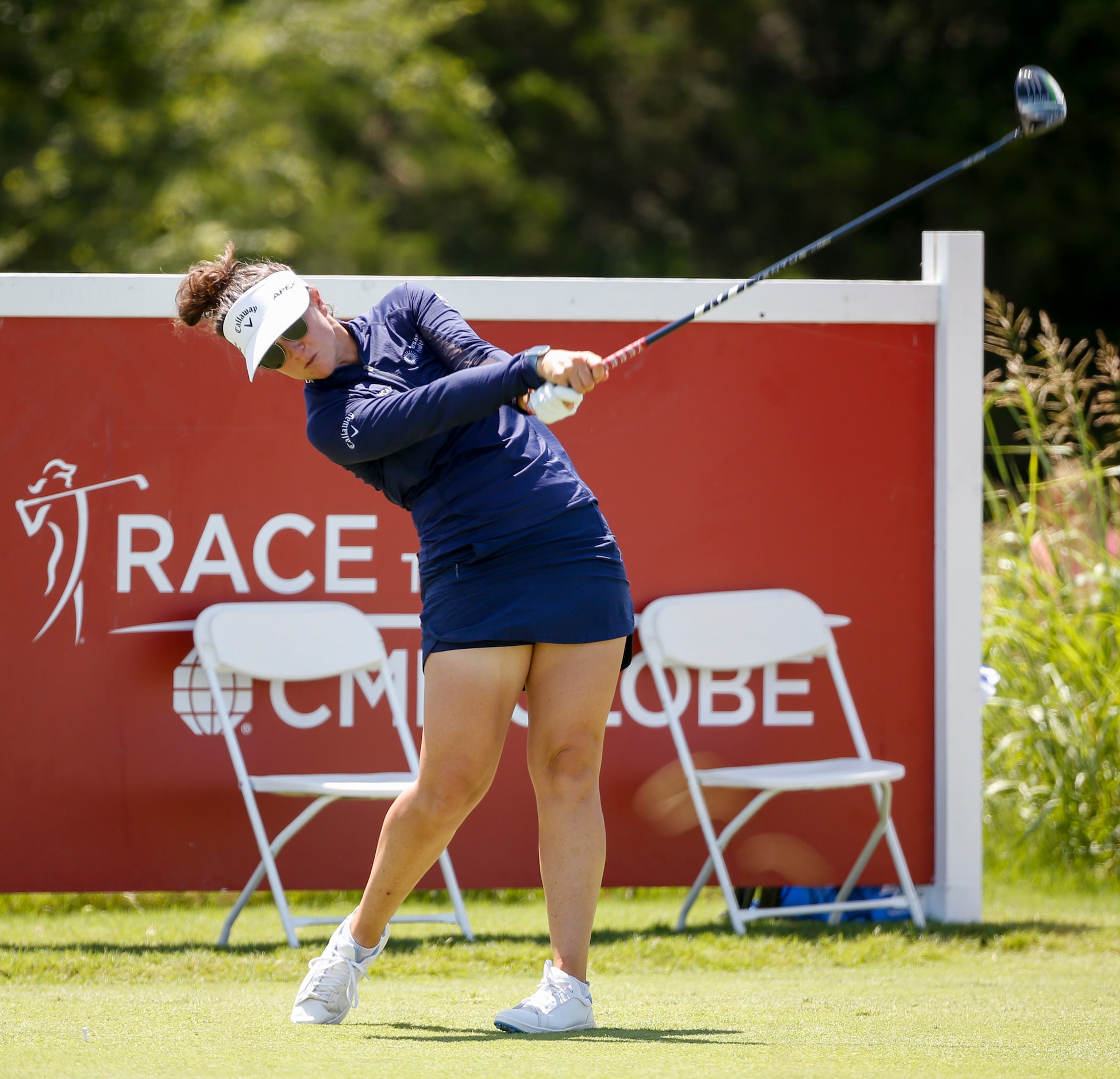 Professional golfer Emma Talley tees off at the 18th hole during round one of the LPGA VOA...