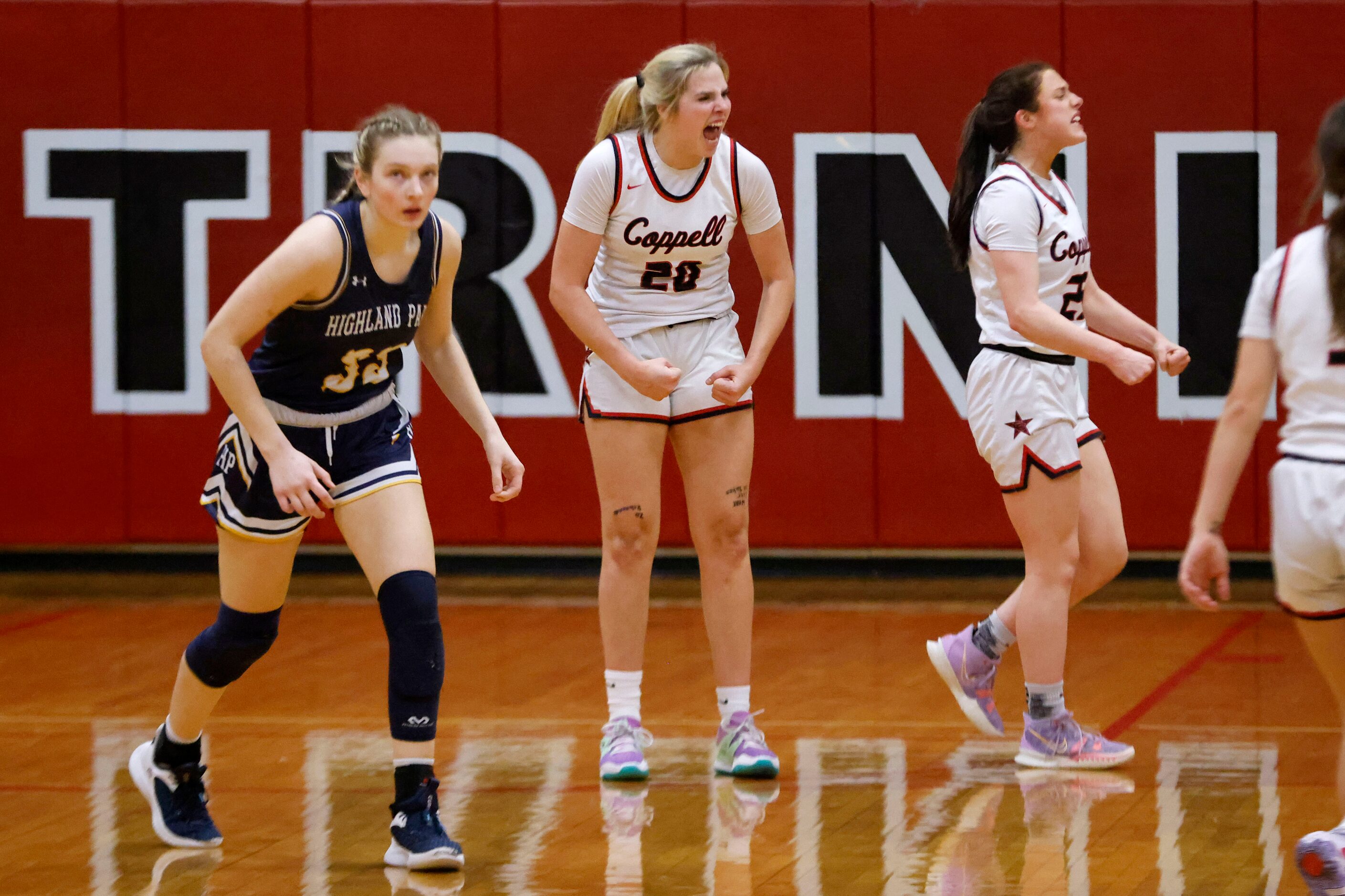 Coppell’s Jules LaMendola (20) reacts after making a shot against Highland Park during the...