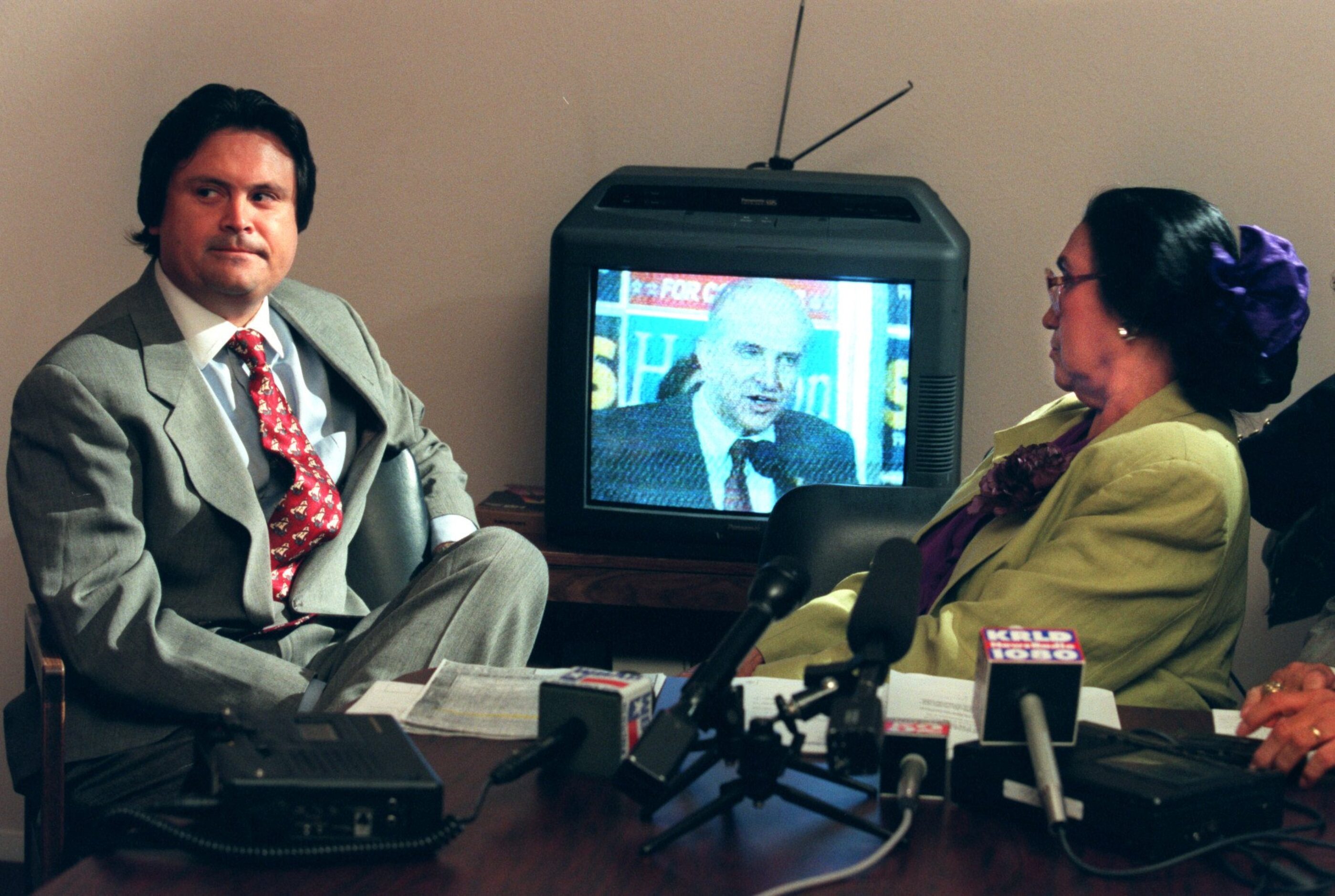 Domingo Garcia (left) and Adelfa Callejo show a piece of video recorded during a campaign...