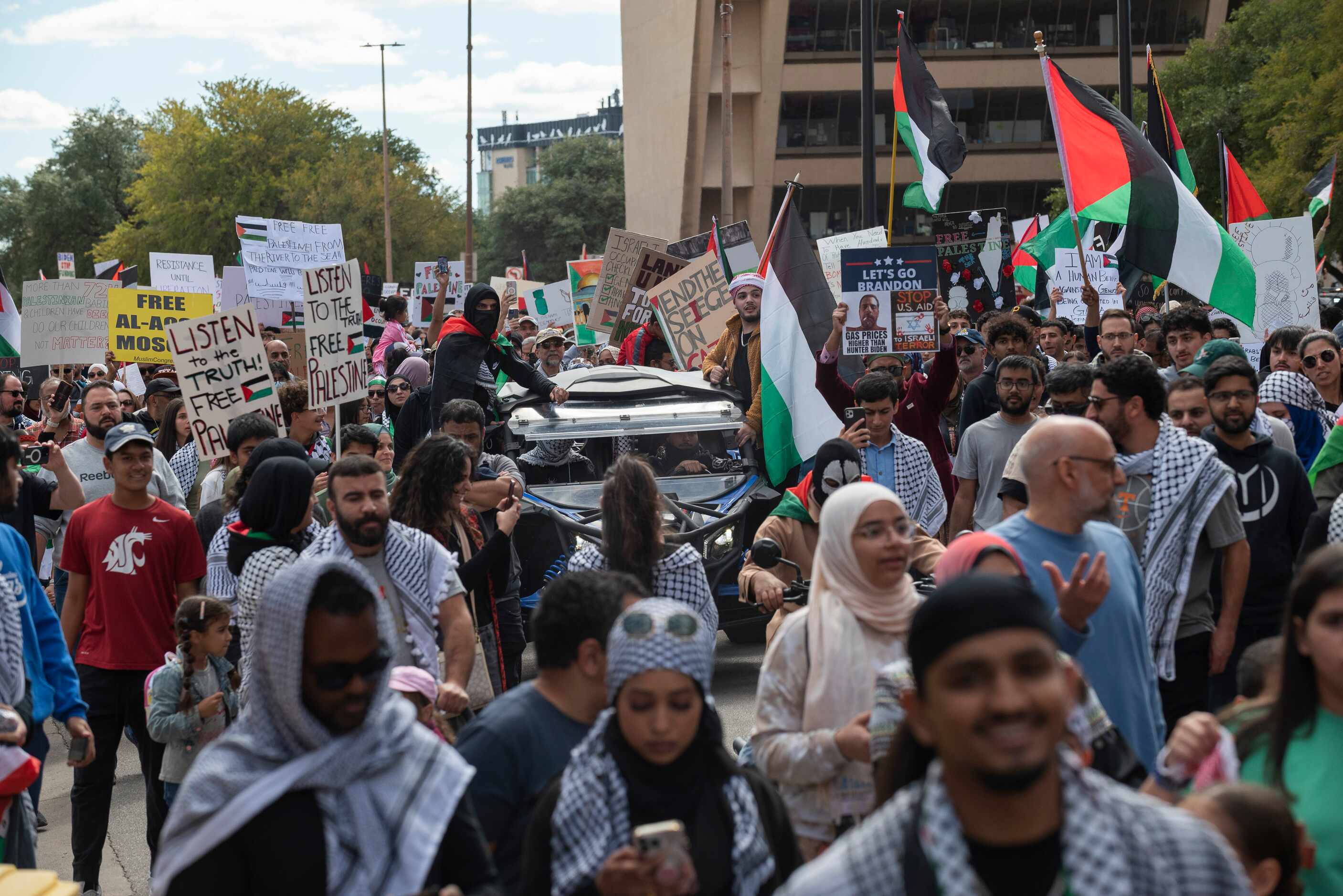 Palestine supporters conduct a protest titled "All Out for Palestine" outside of Dallas City...