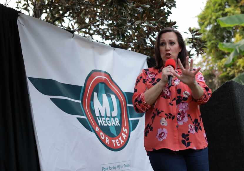 MJ Hegar speaks during a democrat party event at Los Vaqueros in Fort Worth, TX, on Oct. 18,...