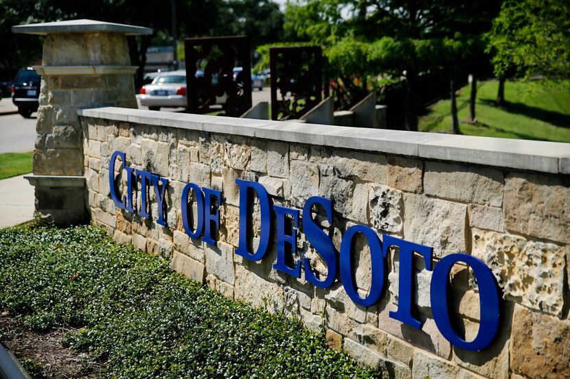 The City of DeSoto welcome sign at E. Pleasant Run Rd. and Hampton Rd. in DeSoto, Texas,...