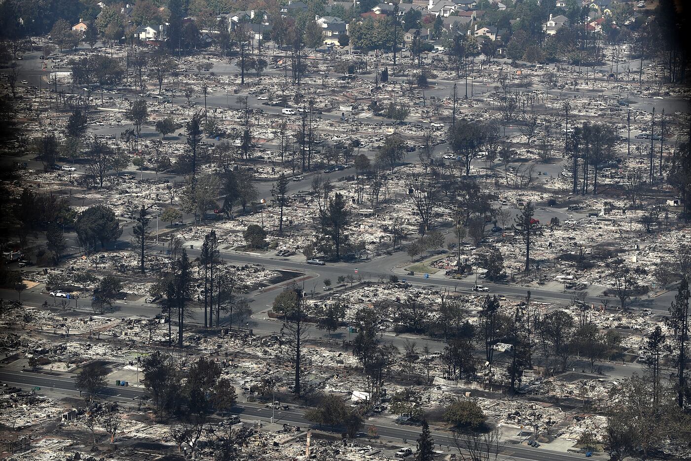 An aerial view of homes that were destroyed by the Tubbs Fire on Wednesday in Santa Rosa,...