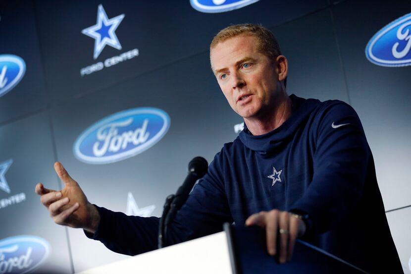 Dallas Cowboys head coach Jason Garrett delivers his season-ending press conference at The...