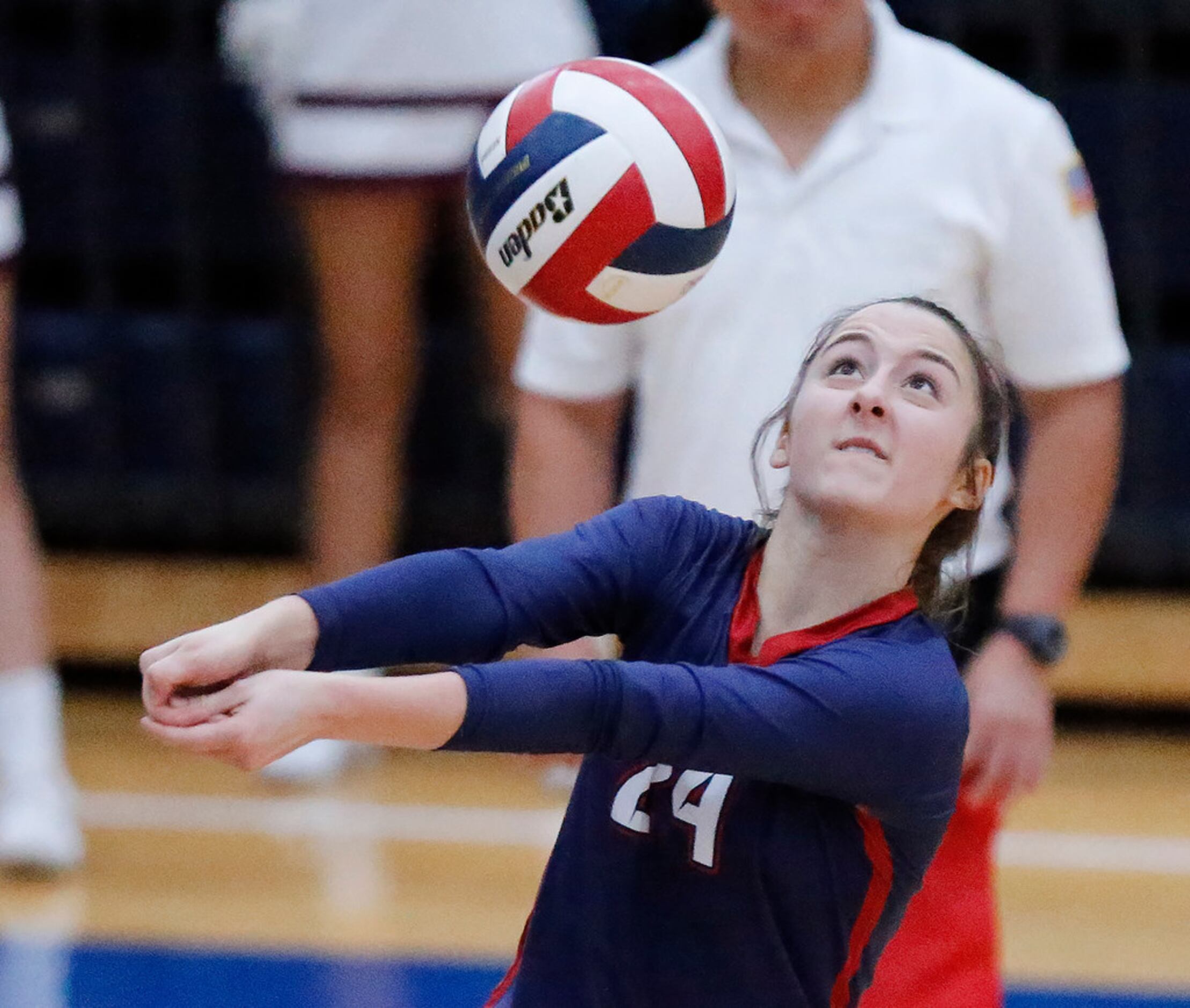 Allen High School libber Emily Canaan (24) bumps the ball over the net during game two as...