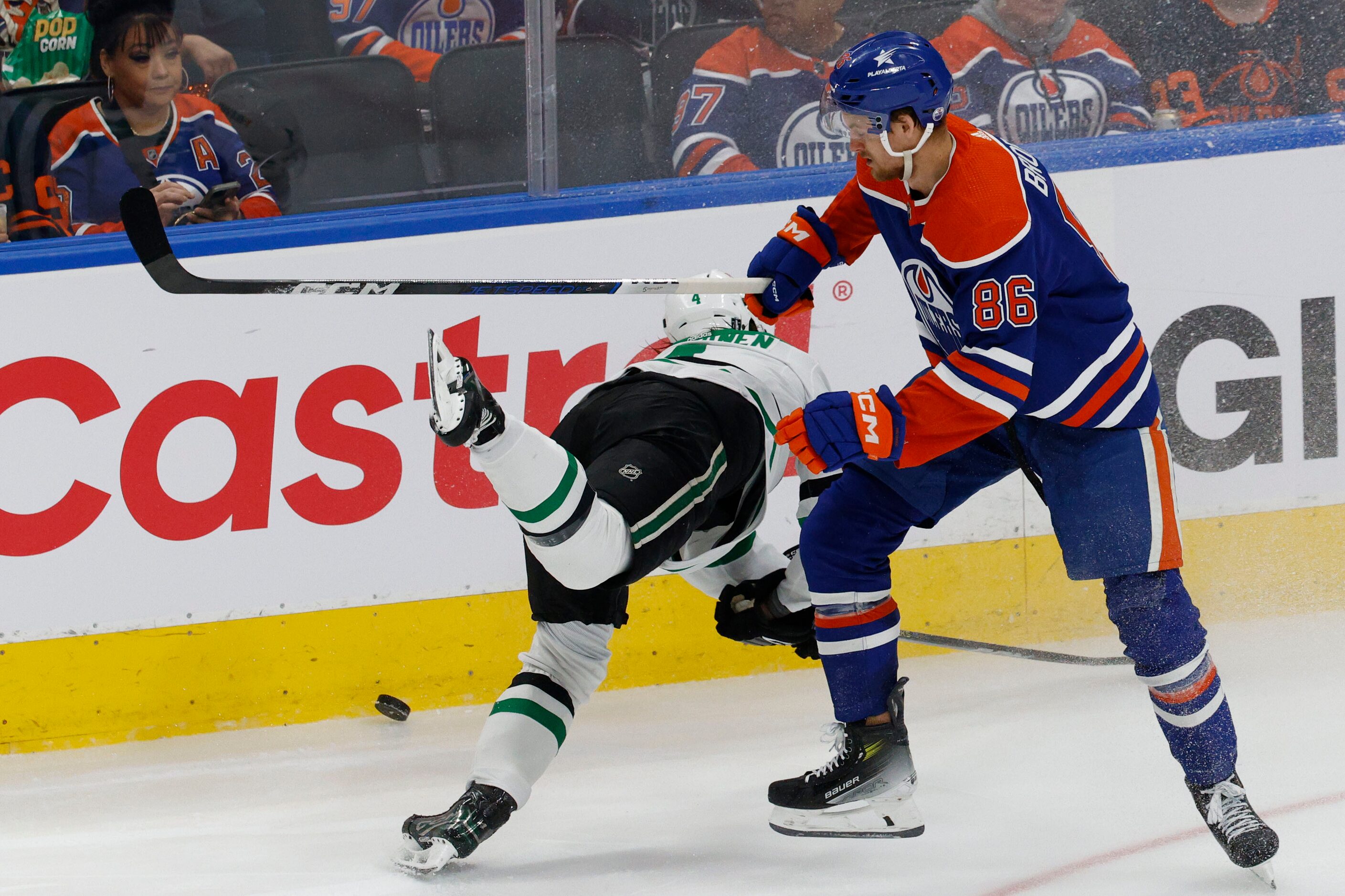 Edmonton Oilers defenseman Philip Broberg (86) drops Dallas Stars defenseman Miro Heiskanen...