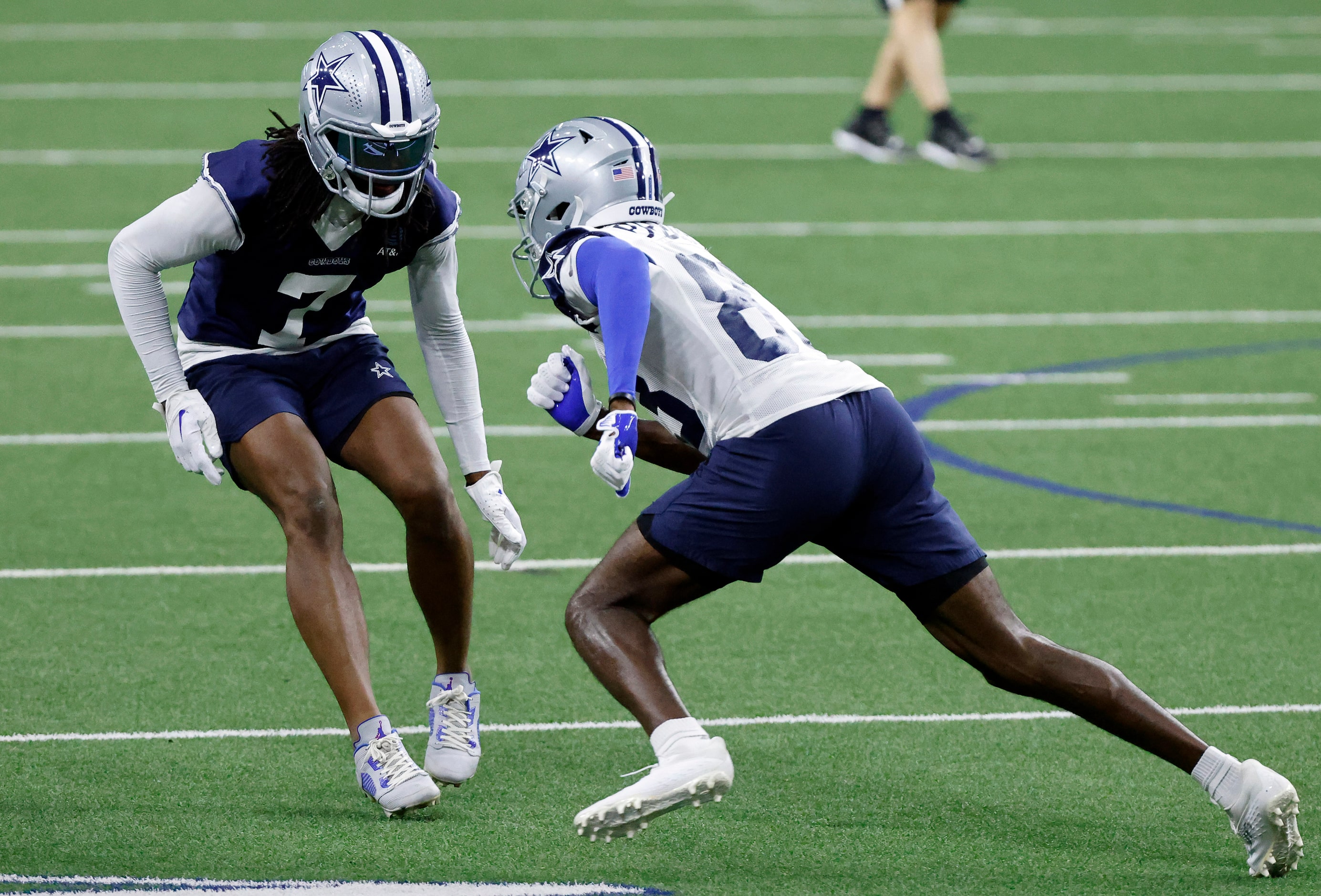 Dallas Cowboys cornerback Trevon Diggs (7) covers wide receiver Jalen Brooks (83) during the...