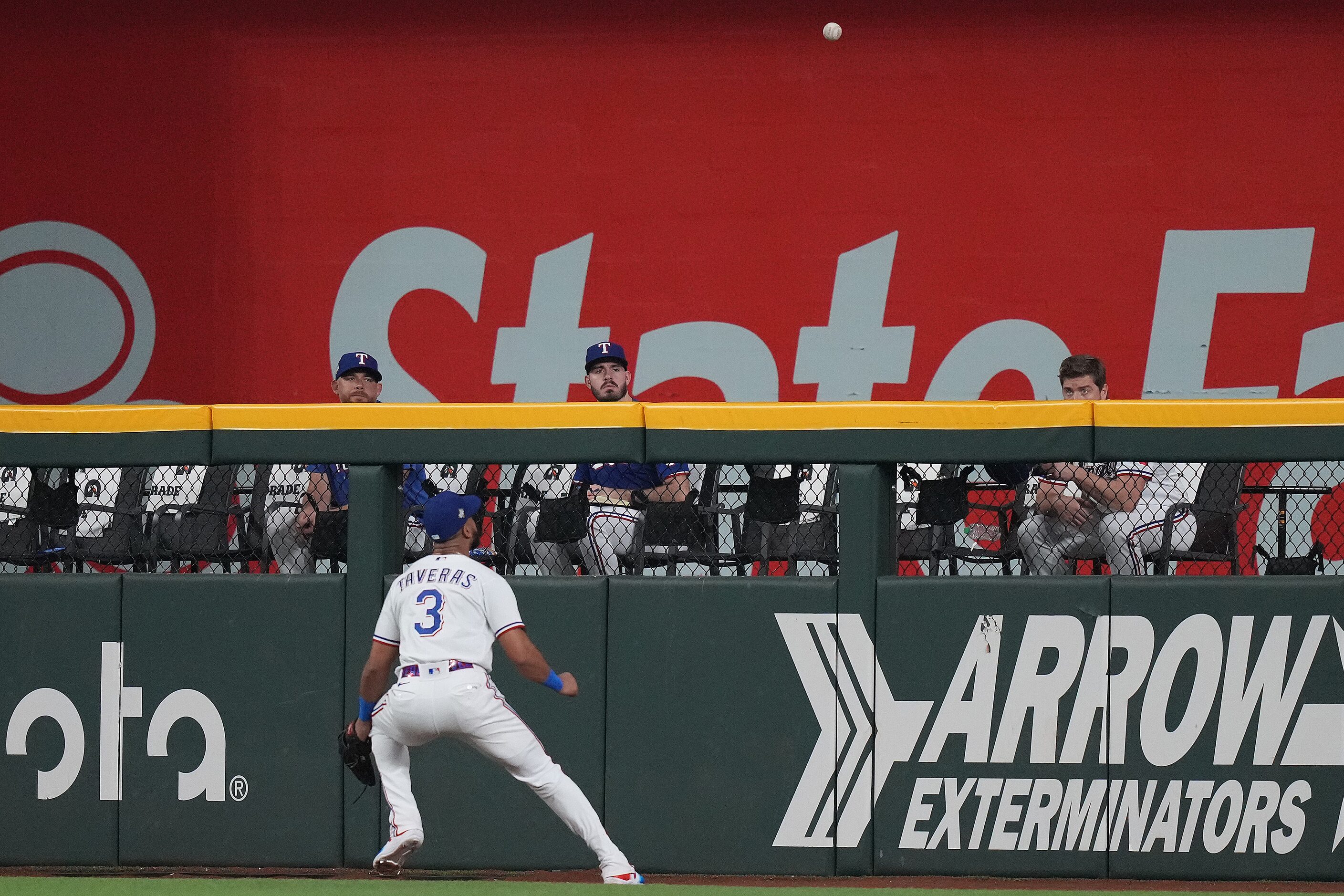 Texas Rangers center fielder Leody Taveras (3) chases a double by Arizona Diamondbacks' Alek...