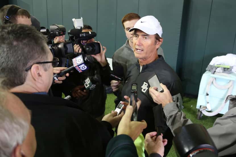Baylor head football coach Art Briles talks to the media during the first day of spring...