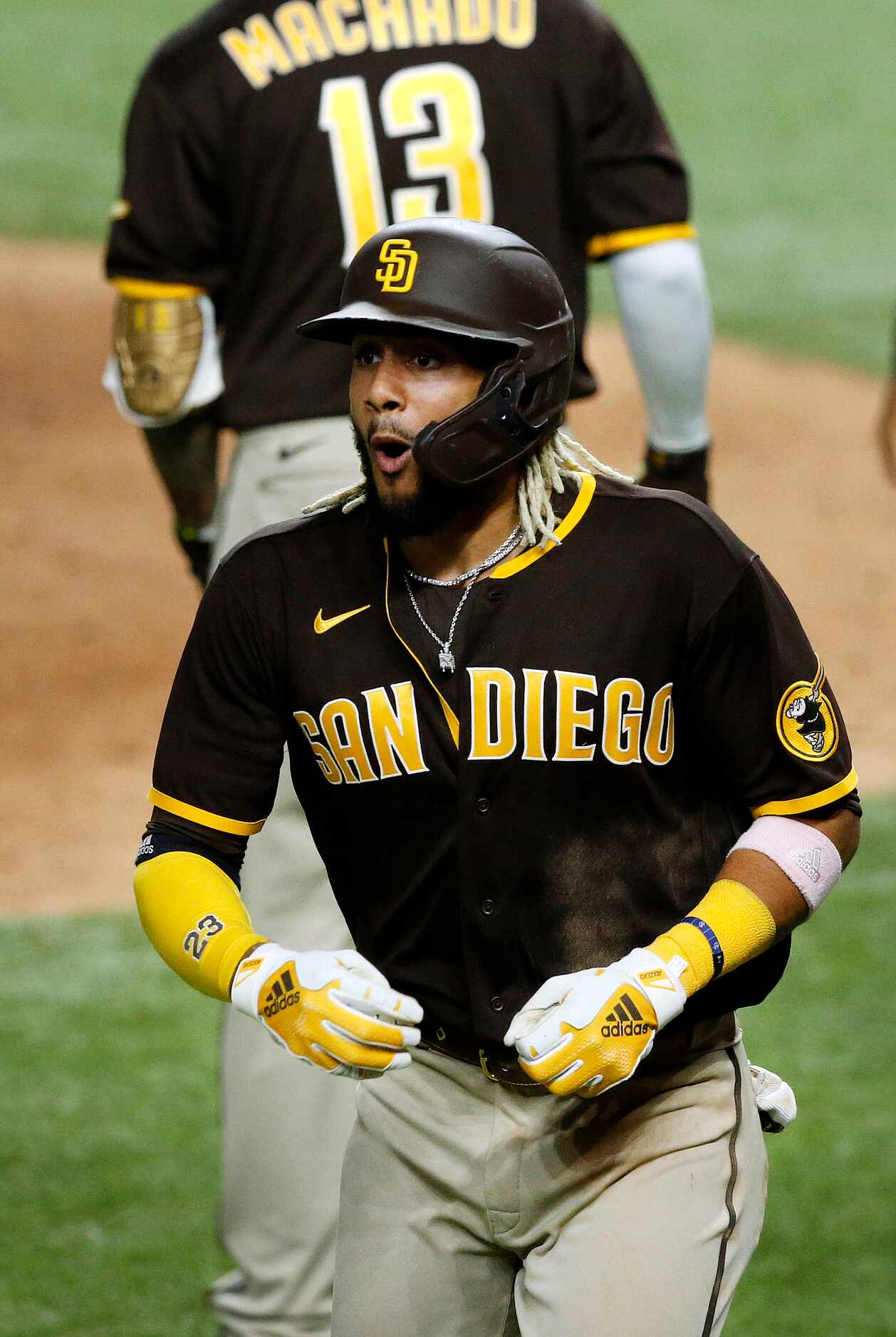 San Diego Padres Fernando Tatis Jr. (23) celebrates his three-run homer against the Texas...