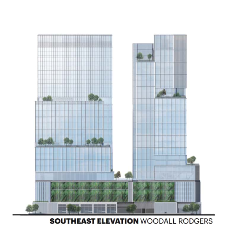 The two towers would be on the north side of Woodall Rodgers Freeway.